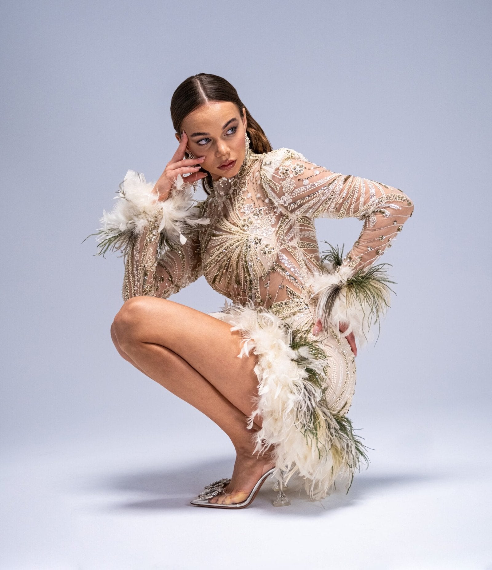 Giz Tüylü Mini Elbise Evening Dress - Image 2